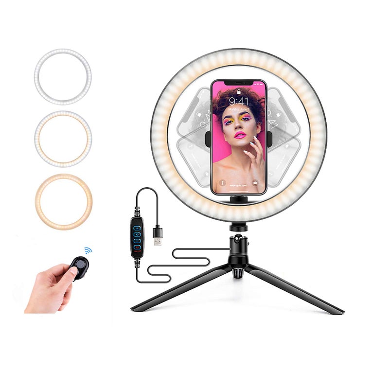 OEBLD Ring Light with Stand OEBLD Dimmable Desk Selfie Ring Light with Phone Holder for Video Photography Remote Control for Makeup Live Streaming YouTube Lighting (D(10.2''Ring Light & Tripod)) - Image 1